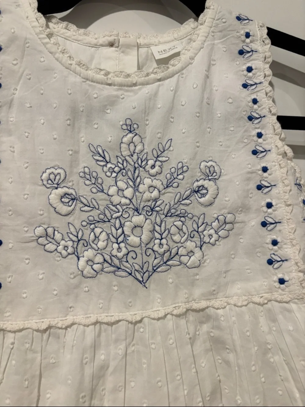 next White Dress with Blue Floral Embroidery